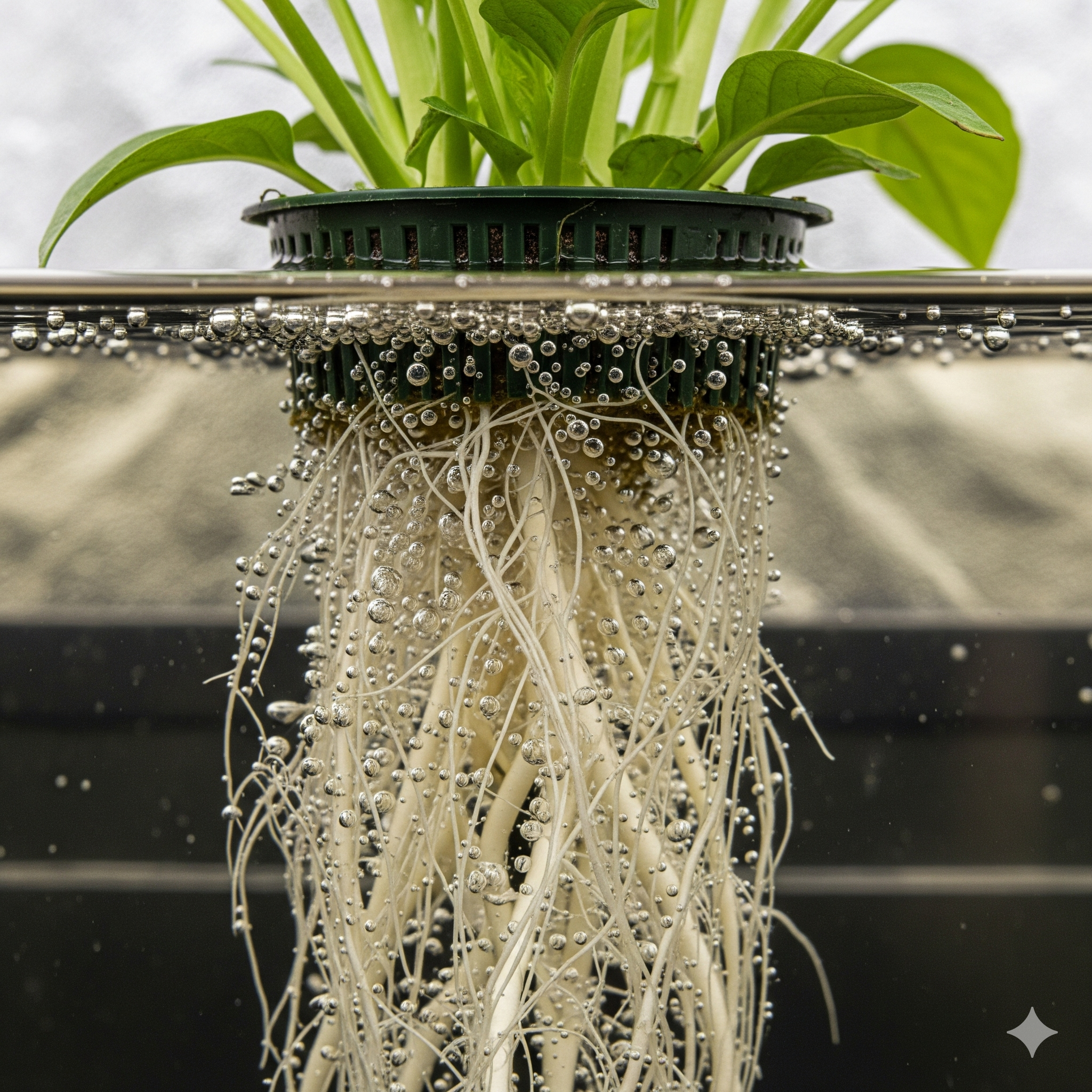 Raíces de plantas en un sistema de cultivo DWC